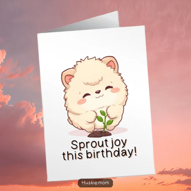 Funny Free Printable Birthday Card featuring a fluffy animal curiously nudging a tiny green sprout.