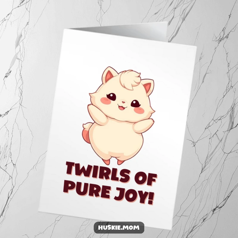 Funny Free Printable Greeting Card: Fluffy animal impressively twirls with a bright smile, full of celebratory energy.