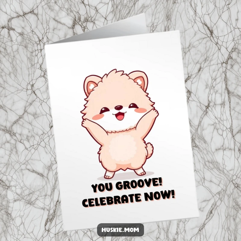 Funny Free Printable Congratulations Card: A fluffy animal dancing with a wide grin, celebrating a win, downloadable.