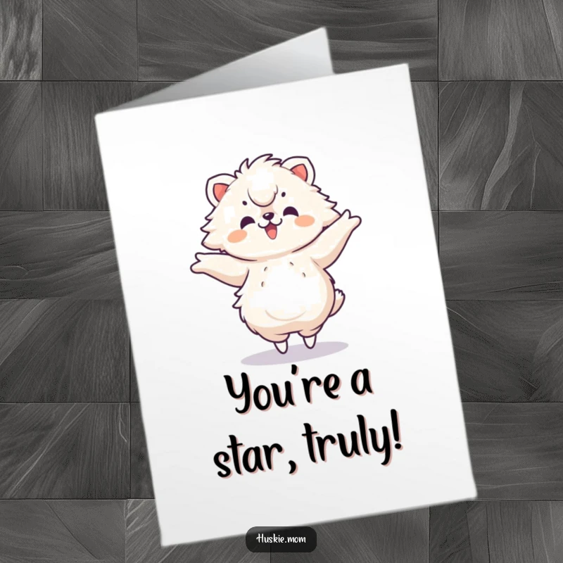 Free Printable Congratulations Card: A fluffy animal spins with delight, arms outstretched like a dancer, celebrating a big win.