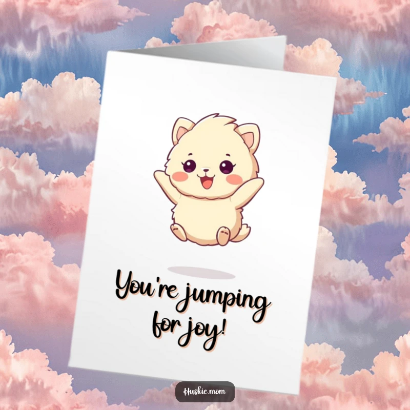 Funny Free Printable Congratulations Card: A Cheerful Fluffy Animal is Caught Mid-Jump with Excitement.