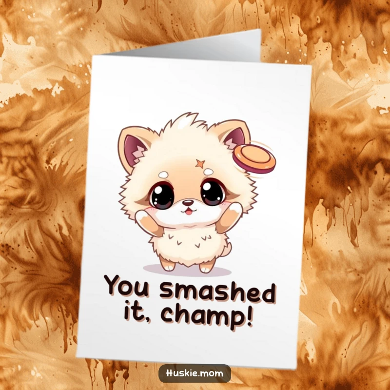 Free Printable Congratulations Card: A fluffy animal with twinkling eyes joyfully tosses a frisbee, celebrating a great achievement.