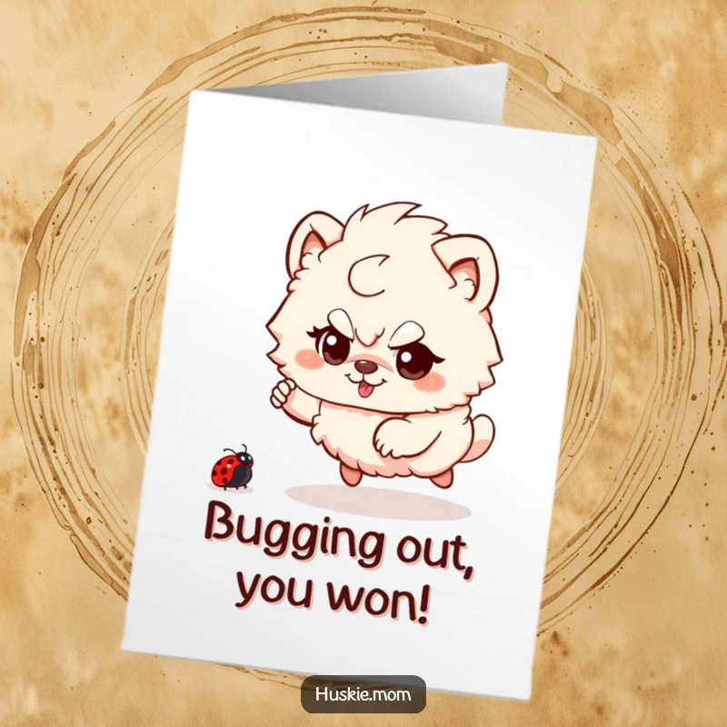 Funny Free Printable Congrats Card: A fluffy creature with a playful glint in its eye chases after a small, red ladybug.