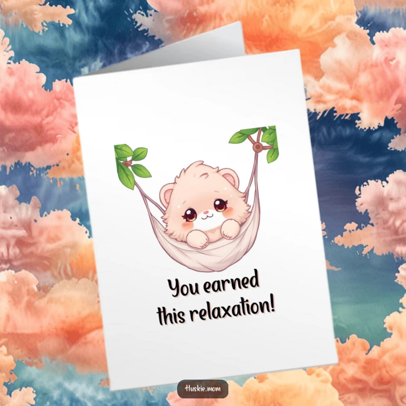 Funny Free Printable Congratulations Card featuring a fluffy animal chilling in a hammock, eyes sparkling with joy and accomplishment.
