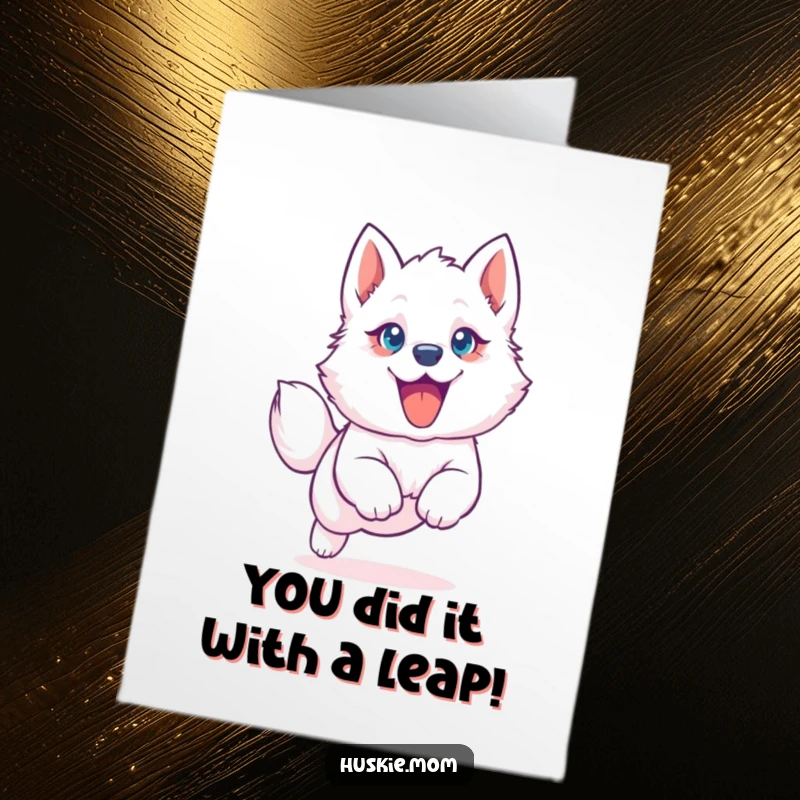 Funny Free Printable Congratulations Card: A fluffy white husky puppy with huge blue eyes joyfully leaps, celebrating success.