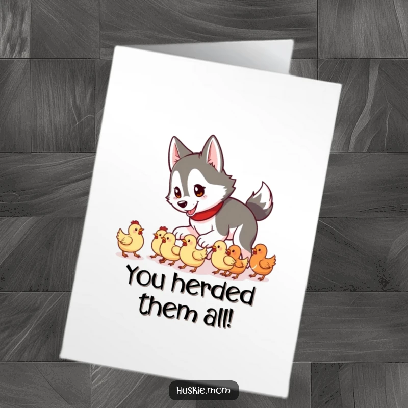 Funny Free Printable congratulations card depicting a husky lady earnestly herding a bunch of very small, flustered chickens.