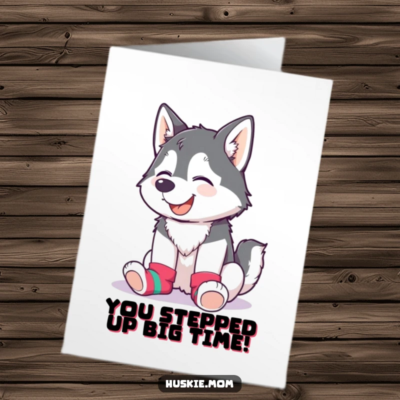 Funny Free Printable congratulations card of a husky lady giggling while styling vibrant, mismatched colorful socks.