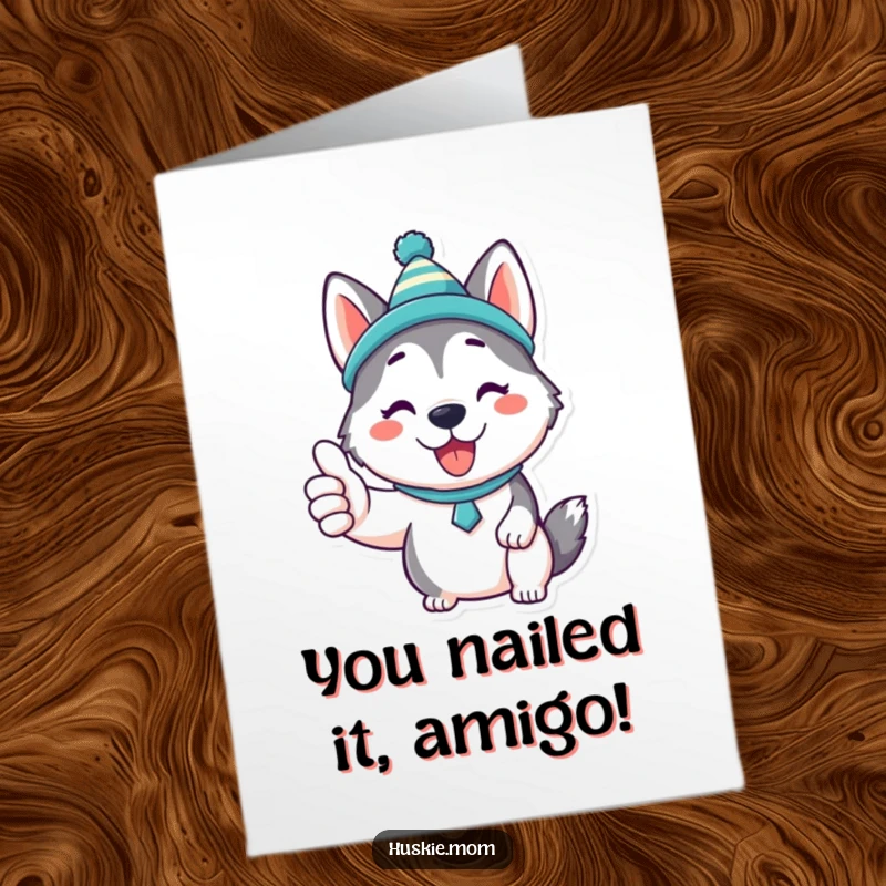 Funny Free Printable Congratulations Card: Kawaii husky giving a thumbs up, looking proud and happy.