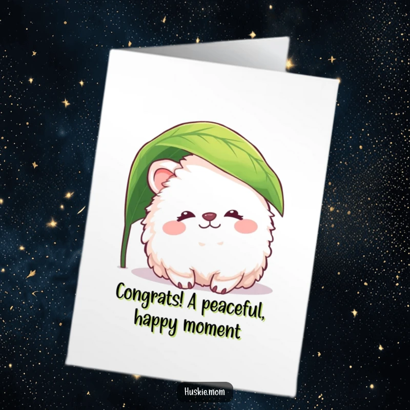Funny Free Printable Congrats Card: Fluffy animal with peaceful smile peeking from under a leaf, sweet, perfect downloadable greeting.