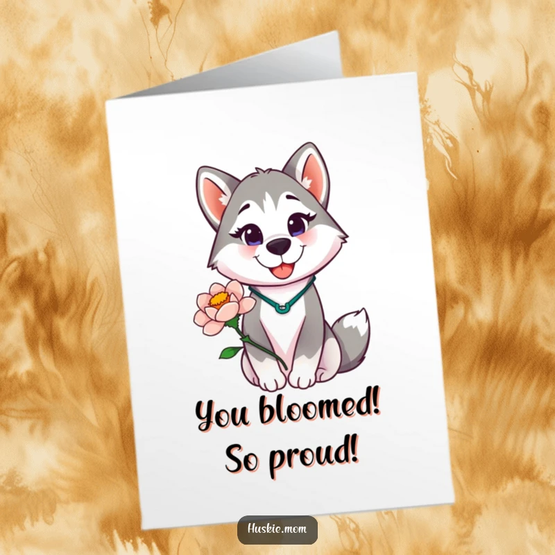Funny free printable congratulations card: a proud husky lady beaming with a smile, holding a freshly bloomed flower.
