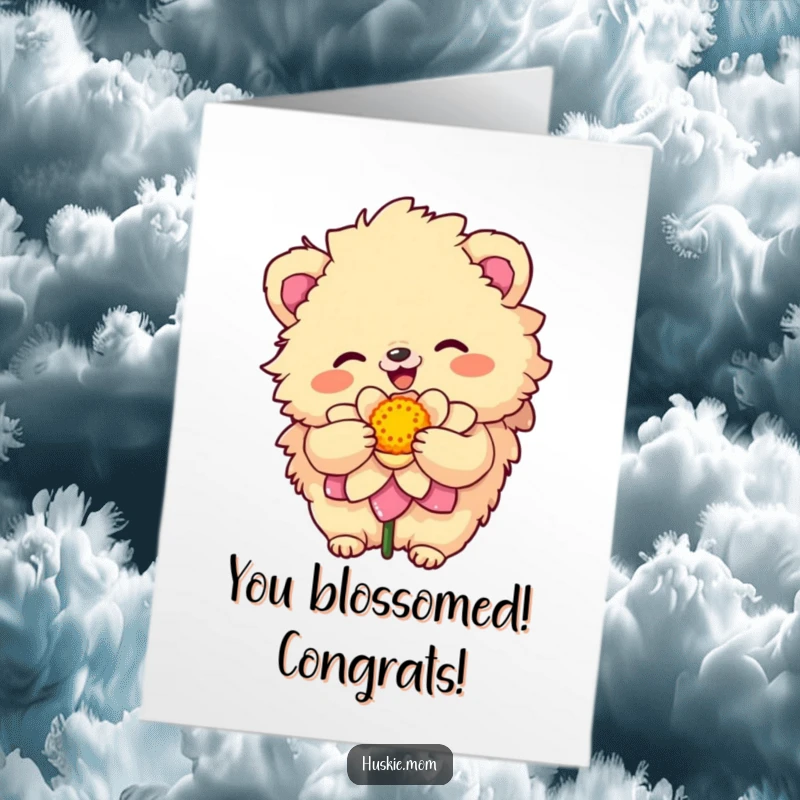 Funny Free Printable Congratulations Card: Sunny fluffy animal giving a warm embrace to a vibrant, beautiful flower