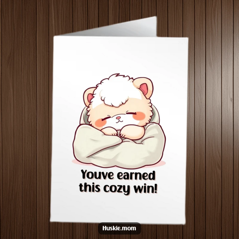 Funny Free Printable Congratulations Card: Fluffy animal in a deep, relaxed nap, snuggled comfortably in soft fabric.