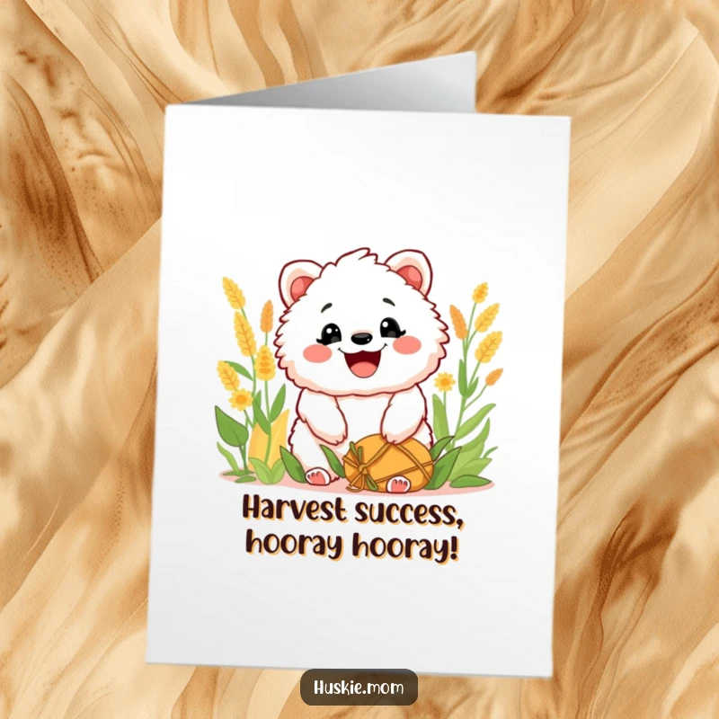 Funny Free Printable Congratulations Card: Fluffy animal with a huge grin celebrating a comically successful harvest.
