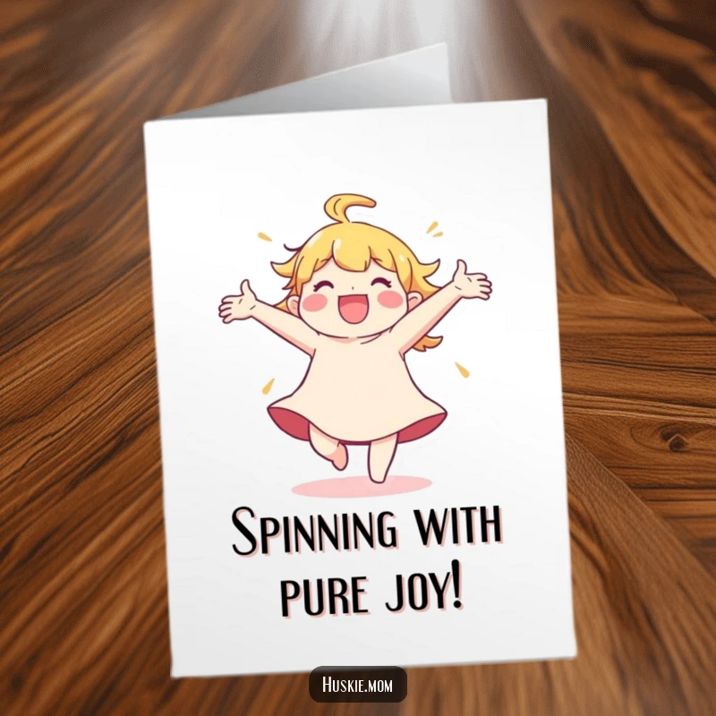 Funny Free Printable Congratulations Card: A character in mid-spin, arms wide, radiating immense happiness and celebration.