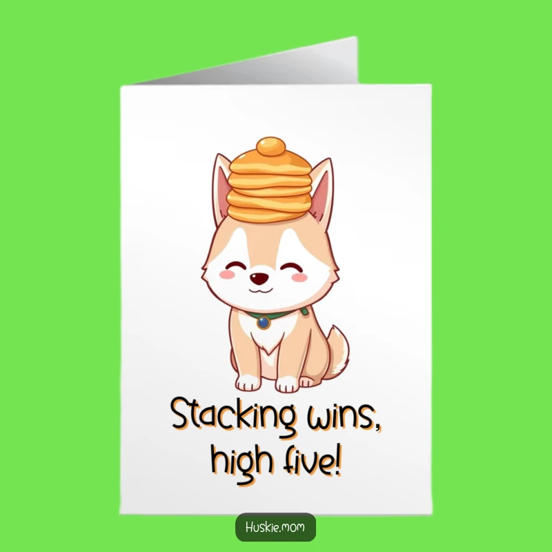 Free Printable Congrats Card: Pancake Husky, Funny Balance, Downloadable for Big Wins!