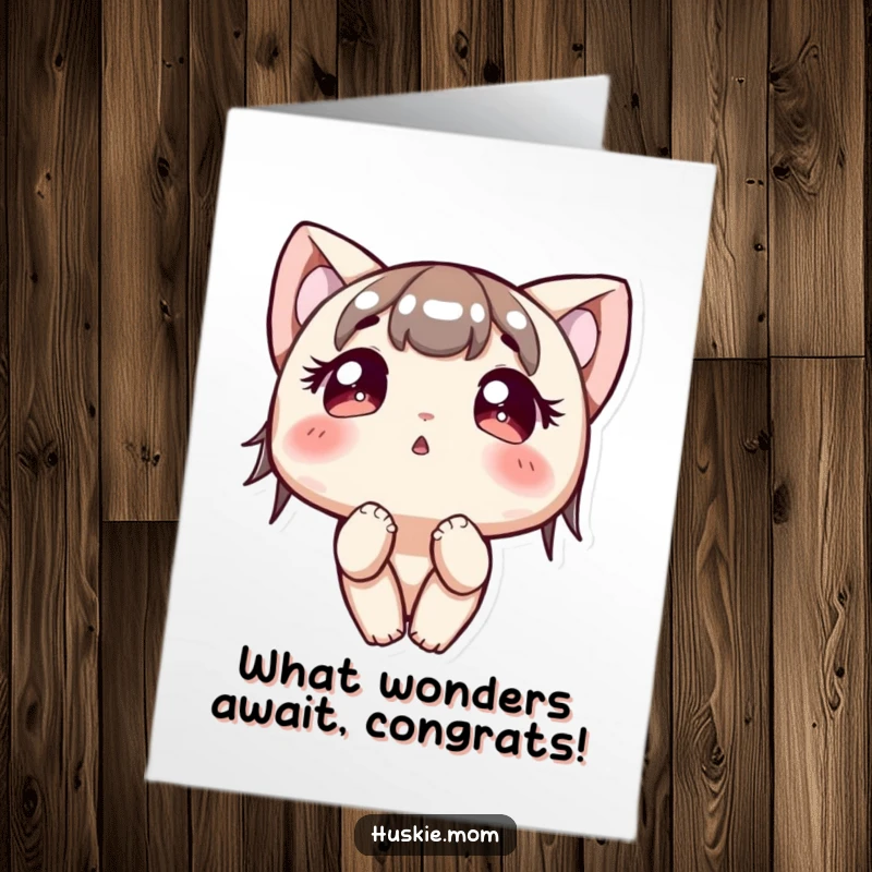 Funny Free Printable Congratulations Card: A character with wide, bright eyes looking upwards with a sense of wonder.