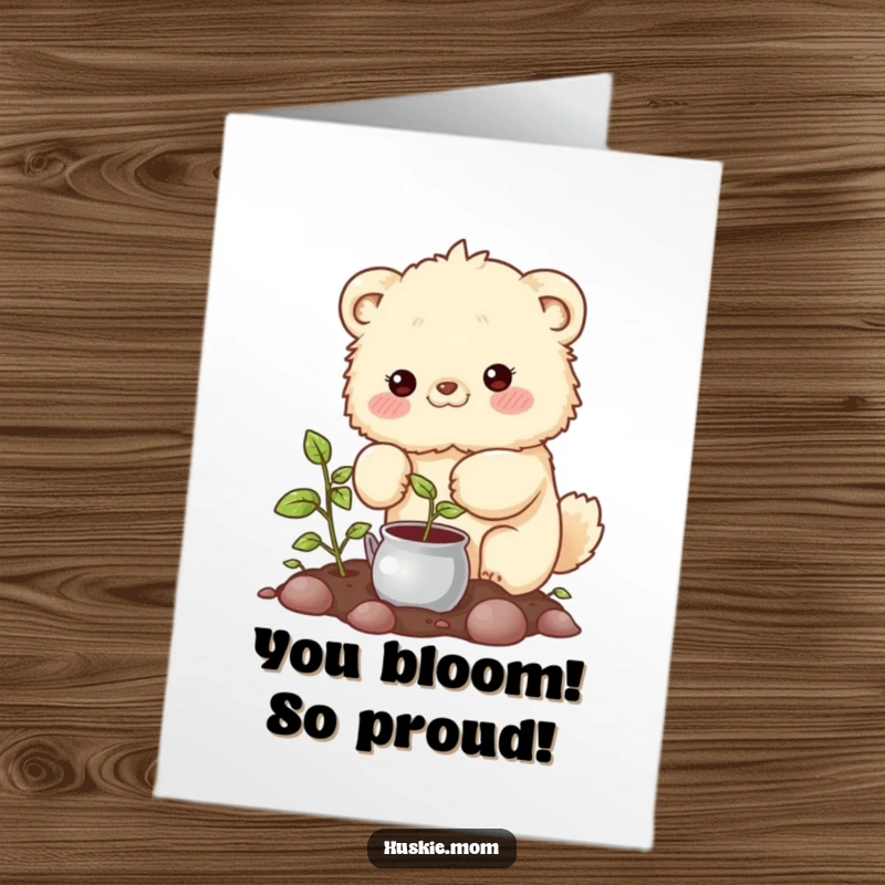 Funny Free Printable Congratulations Card: A fluffy animal watering a sprouting plant, representing new beginnings, downloadable.