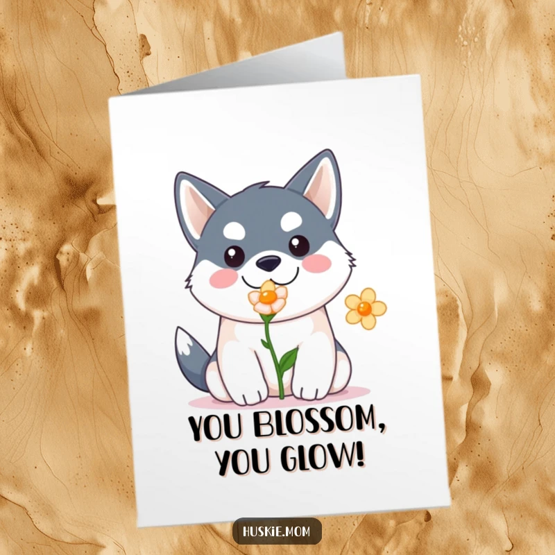 Funny Free Printable Congratulations Card: Adorable husky presents a single bloom, celebrating achievements with sweet enthusiasm.