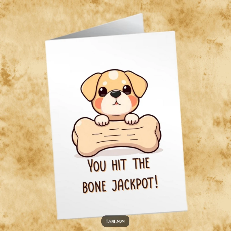 Funny Free Printable Congratulations Card: A round dog character peeks playfully from behind an impressively large dog bone.