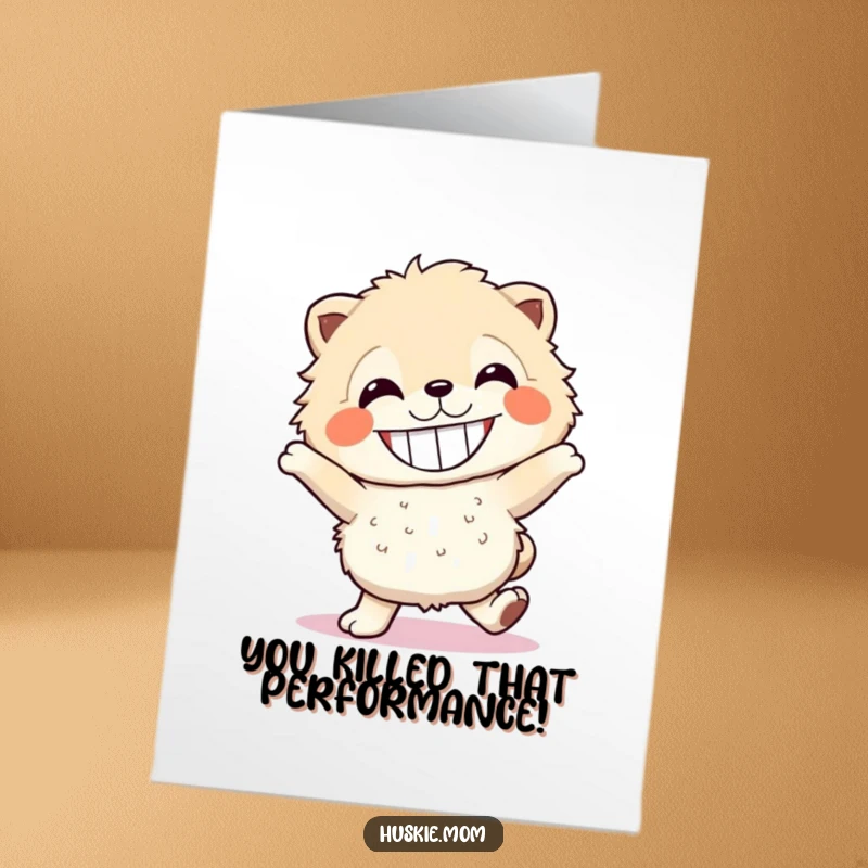 Funny Free Printable Congratulations Card: Fluffy animal with a wide toothy grin, performing an energetic dance move, celebrating success.