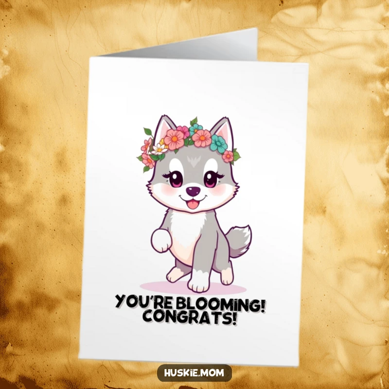 Adorable Free Printable Congrats Card: A kawaii husky puppy with a flower crown, prancing to celebrate.
