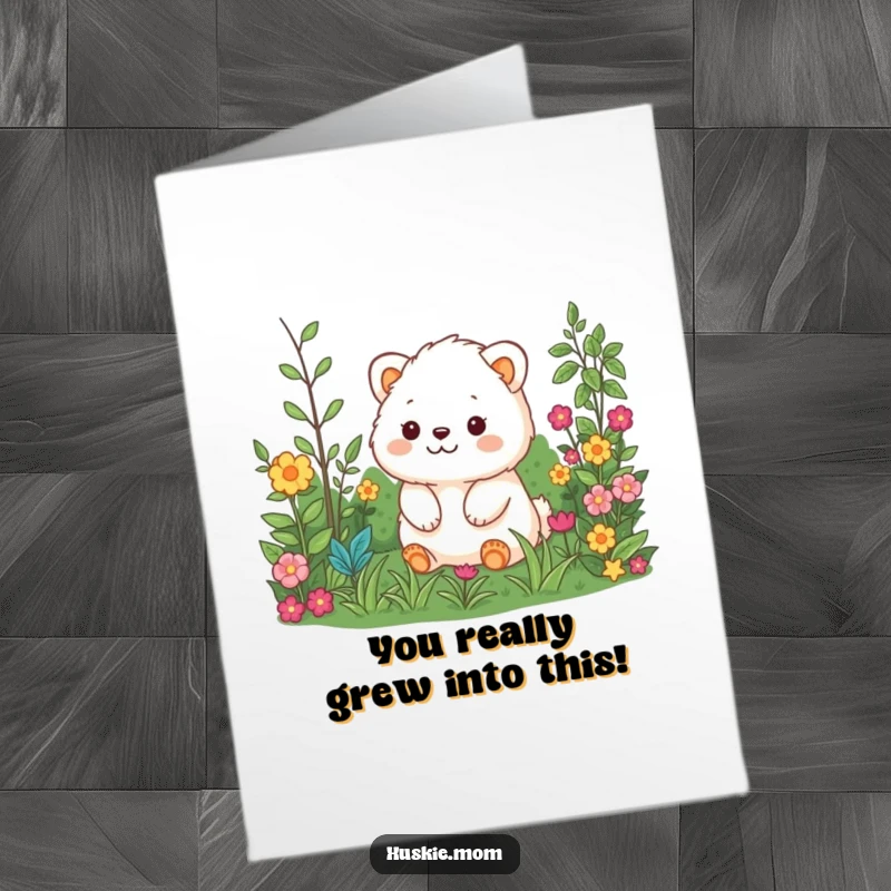 Funny Free Printable Congratulations Card with a fluffy animal happily looking over a beautiful garden, ideal for celebration.