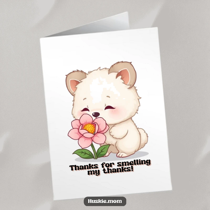 Funny Free Printable Thank You Card: Fluffy animal's earnest, comical sniff of a vibrant, blooming flower.