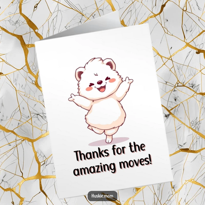 Funny Free Printable Thank You Card: Fluffy animal in a joyous pirouette, expressing thanks with a smile.