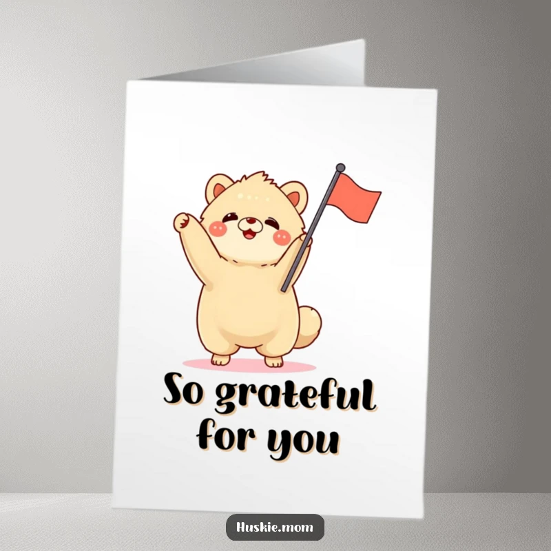 Funny Free Printable Thank You Card: Fluffy animal standing tall, enthusiastically waving a small flag in thanks.