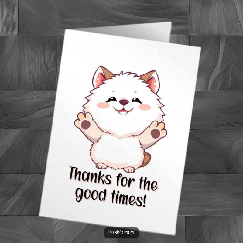 Funny Free Printable Thank You Card: A fluffy animal with a wide, goofy grin joyfully raising its paws in thanks