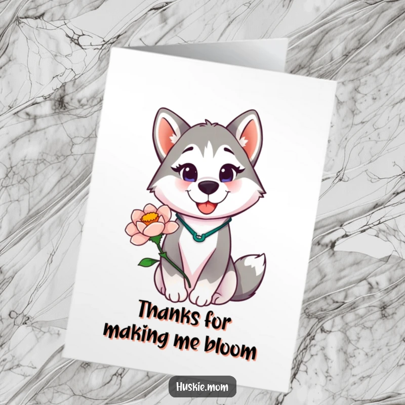 Funny free printable thank you card: a proud husky lady holding a delicate blooming flower, radiating gratitude.