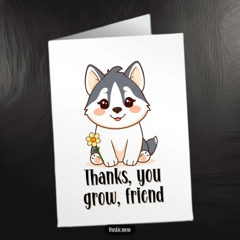 Funny Free Printable Thank You Card: A kawaii husky offers a delicate flower with a gentle, happy smile.