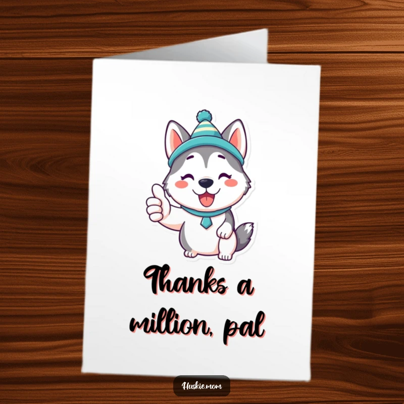 Funny Free Printable Thank You Card: Kawaii husky with a silly hat and thumbs up, a cute way to say thanks.