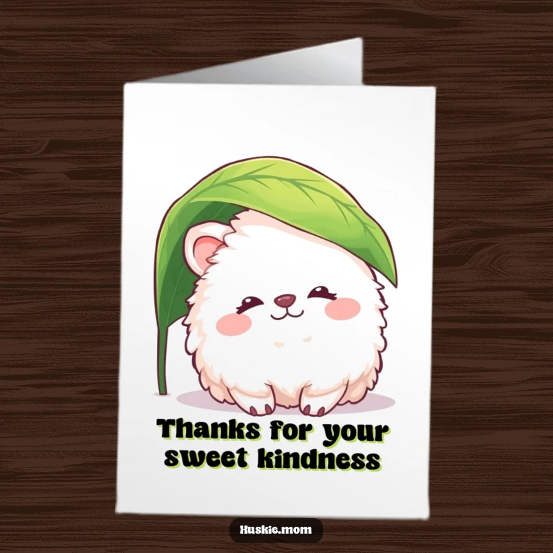 Funny Free Printable Thank You Card: Fluffy animal with peaceful smile peeking from under a leaf, perfect downloadable thank you.