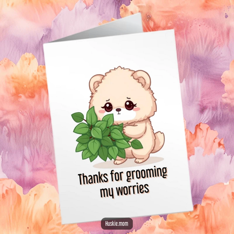 Funny Free Printable Thank You Card of a fluffy animal neatly pruning a bush with a grateful expression.