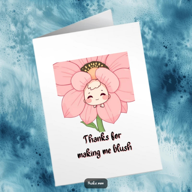 Funny Free Printable Thank You Card: Shy character hiding behind a large flower, sharing a shy grin, great Downloadable Art.