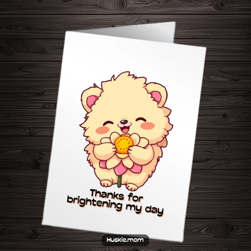 Funny Free Printable Thank You Card: A fluffy animal with a sunny disposition hugging a colorful, blooming flower tenderly