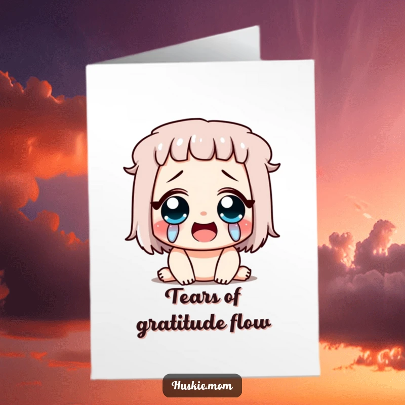Funny Free Printable Thank You Card: Character shedding exaggerated happy tears, showing overwhelming gratitude, great Downloadable Art.