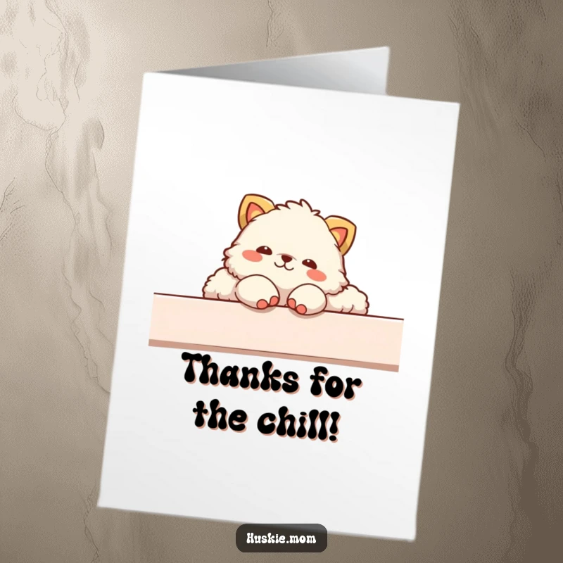 Funny Free Printable Card: Fluffy animal lounging comfortably, paws dangling, a perfectly relaxed way to say thank you.