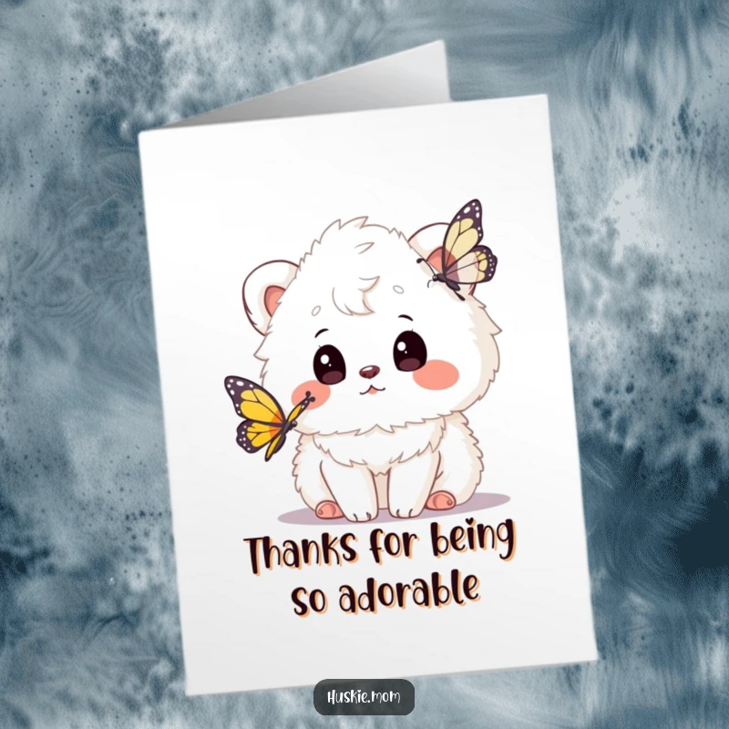 Funny Free Printable Thank You Card: Fluffy Animal Watches a Butterfly with Intense and Sweet Curiosity.