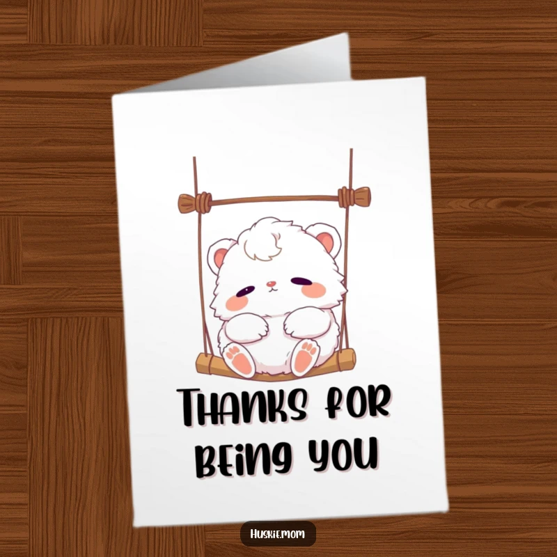 Funny Free Printable Thank You Card: A fluffy animal relaxes contentedly in a gentle breeze while swinging, sending calm thanks.