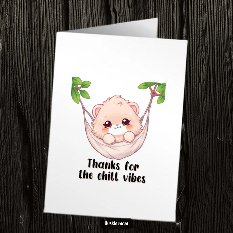 Funny Free Printable Thank You Card shows a fluffy animal peacefully resting in a hammock, eyes sparkling, conveying thanks.