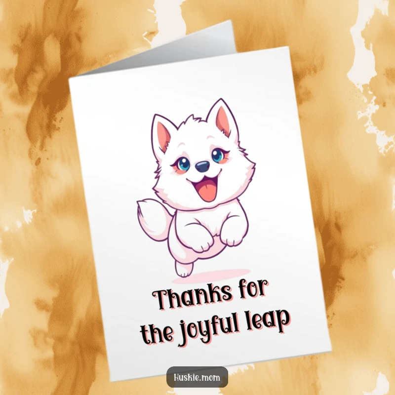 Funny Free Printable Thank You Card: A white husky puppy with big blue eyes leaps happily, conveying thanks.