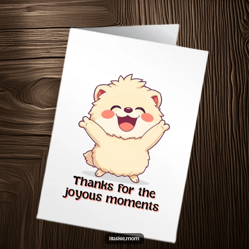 Funny Free Printable Thank You Card of a fluffy animal in a dynamic pose, laughing with pure joy and expressing heartfelt thanks.