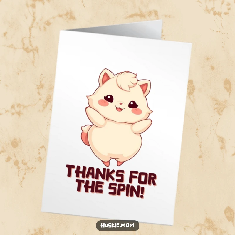 Funny Free Printable Card: Fluffy animal with a bright smile gracefully twirls, a delightful thank you gesture.