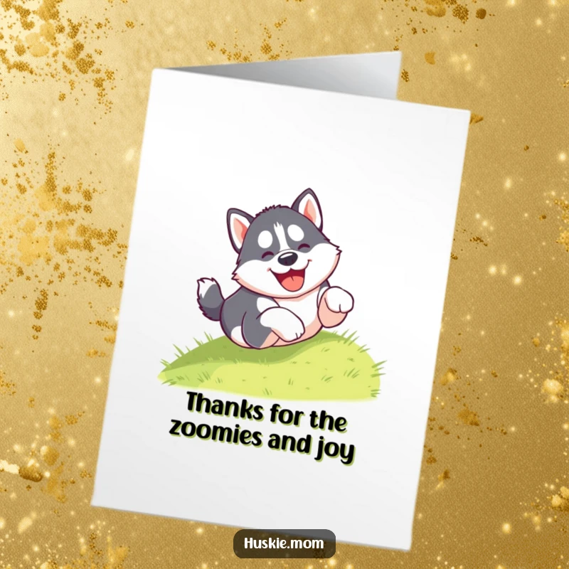 Funny Free Printable Thank You Card: A husky puppy tumbles with pure glee down a grassy hill, conveying heartfelt and energetic thanks.