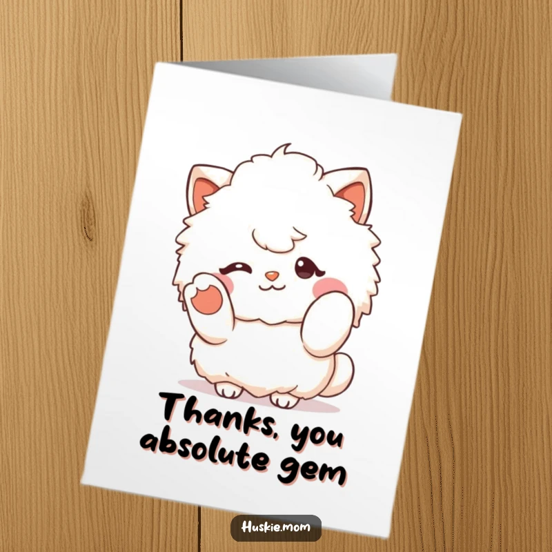 Funny Free Printable Fluffy Character Thank You Card: Cute fluffy character winking and gesturing with a paw, showing thanks.