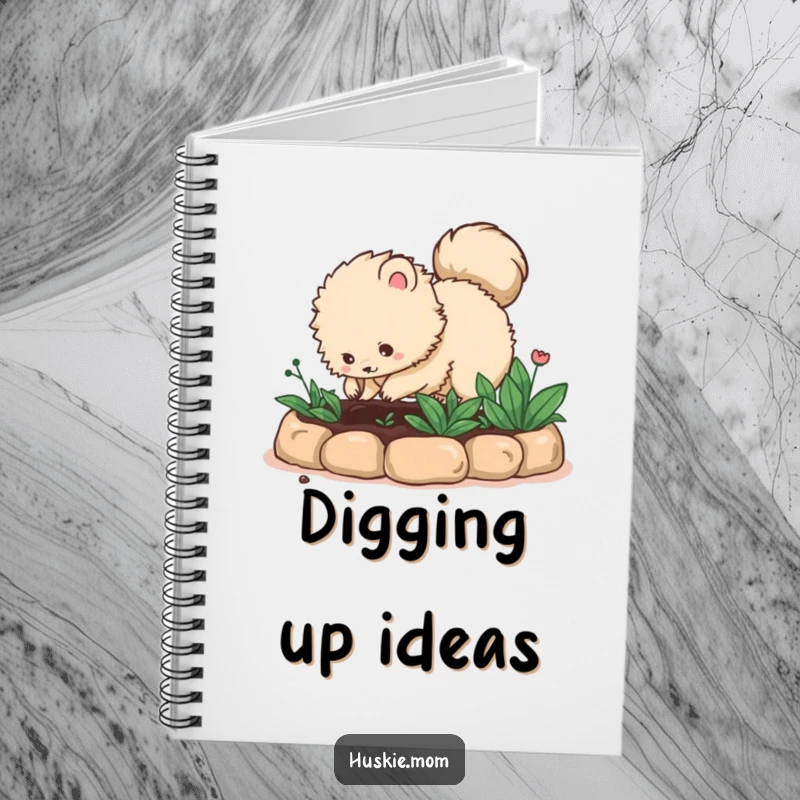 Funny fluffy animal with a bushy tail digging in a garden bed on a notebook cover, ideal for garden planning and as a funny gift.