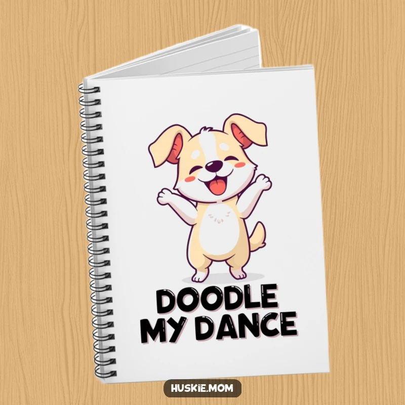Funny dog dancing notebook, showcasing a dog in mid-dance with floppy ears, perfect for notes and creative journaling.