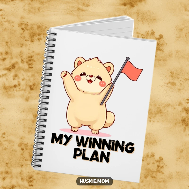 Funny fluffy animal standing tall, waving a small flag, spirited journal, notebook for celebrations, enthusiastic design.